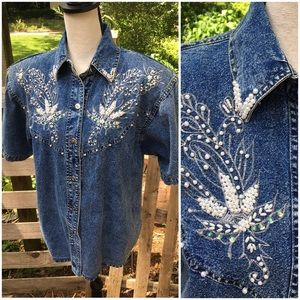80’s Vintage Bedazzled Acid Wash Denim Shirt Funky